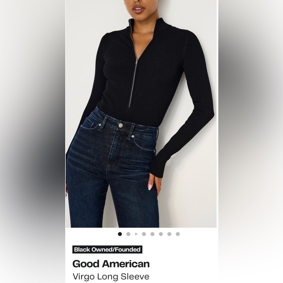 Good American Tops - Good American Virgo Long Sleeve Ribbed Thong Bodysuit Black XS